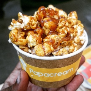 Salted Caramel Ice Cream with popcorn and caramel sauce - yes there is such a thing a 'too sweet'